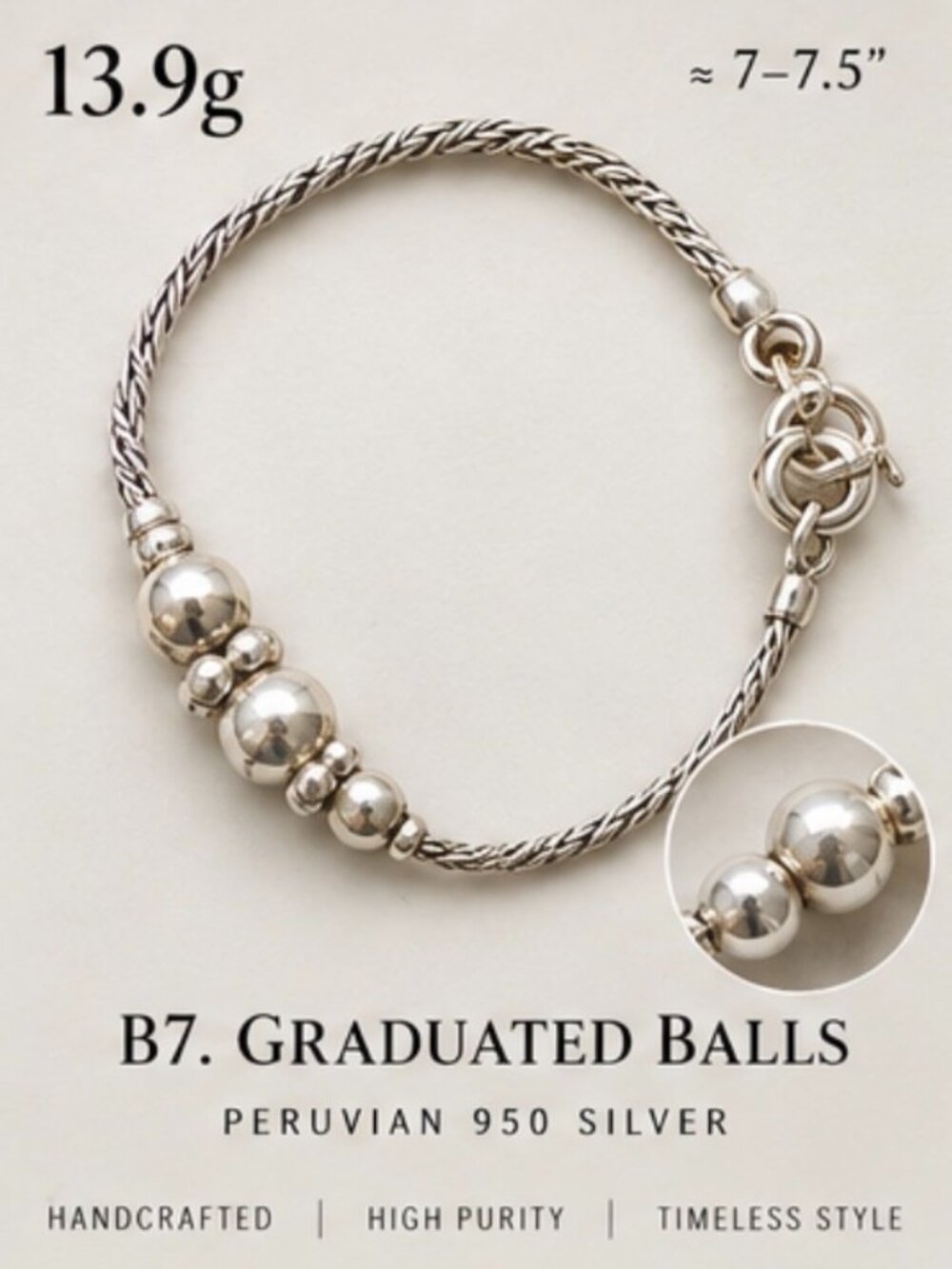 Heavy Peruvian 950 Silver Rope & Ball Bracelet 13.9g